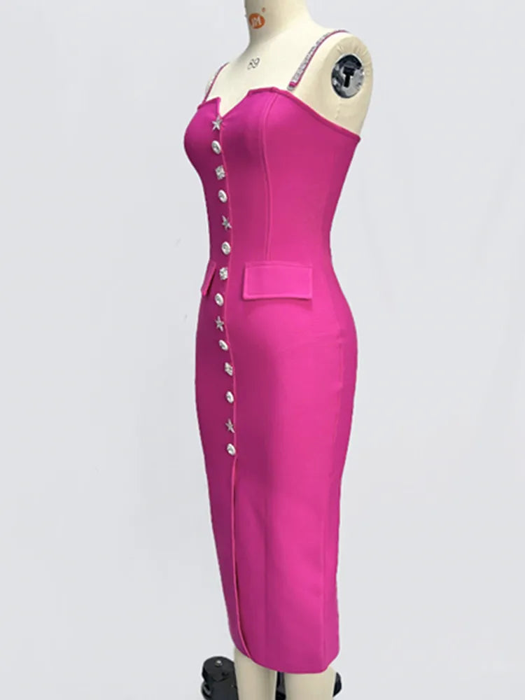 Women Celebrity Sexy V Neck Backless Button Hot Pink Midi Bodycon Bandage Dress 2024 Elegant Evening Club Party Outfit