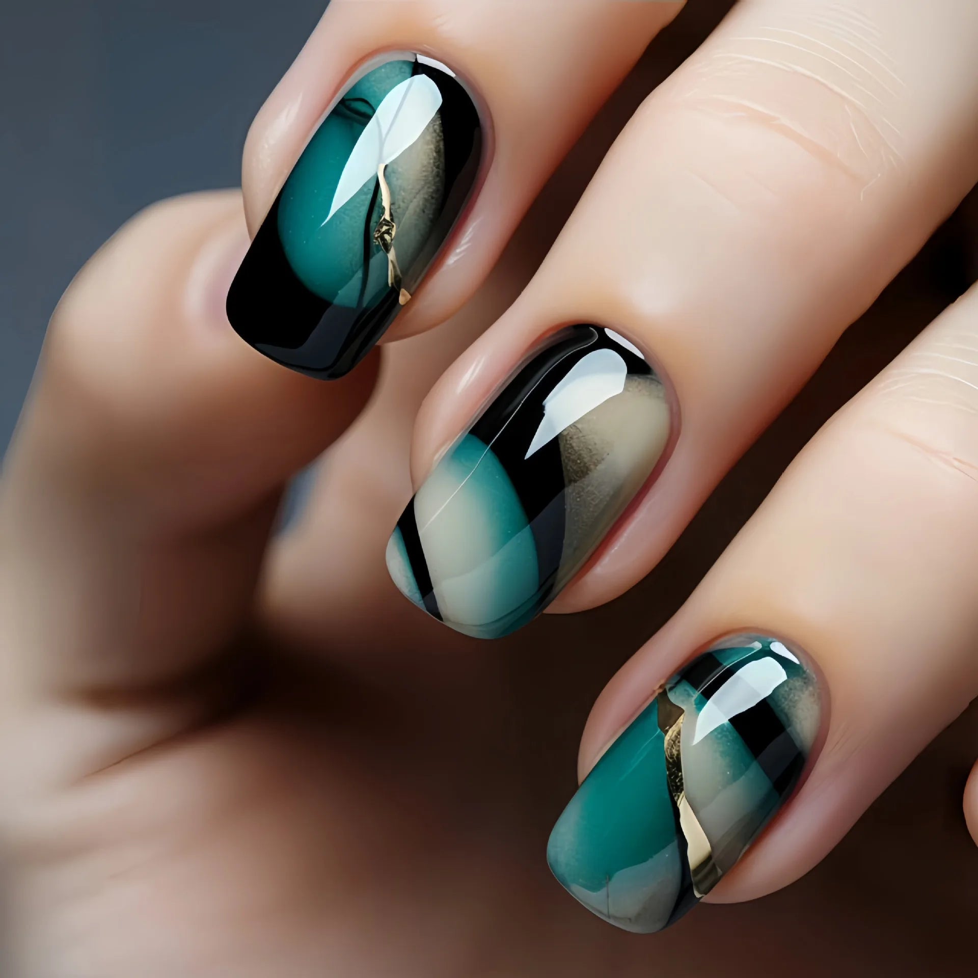 24Pcs Lightning Stripe Smudging Press on Fake Nails Mid-length Square Head False Nails Green Wearable Fashion Full Nail Art Tips