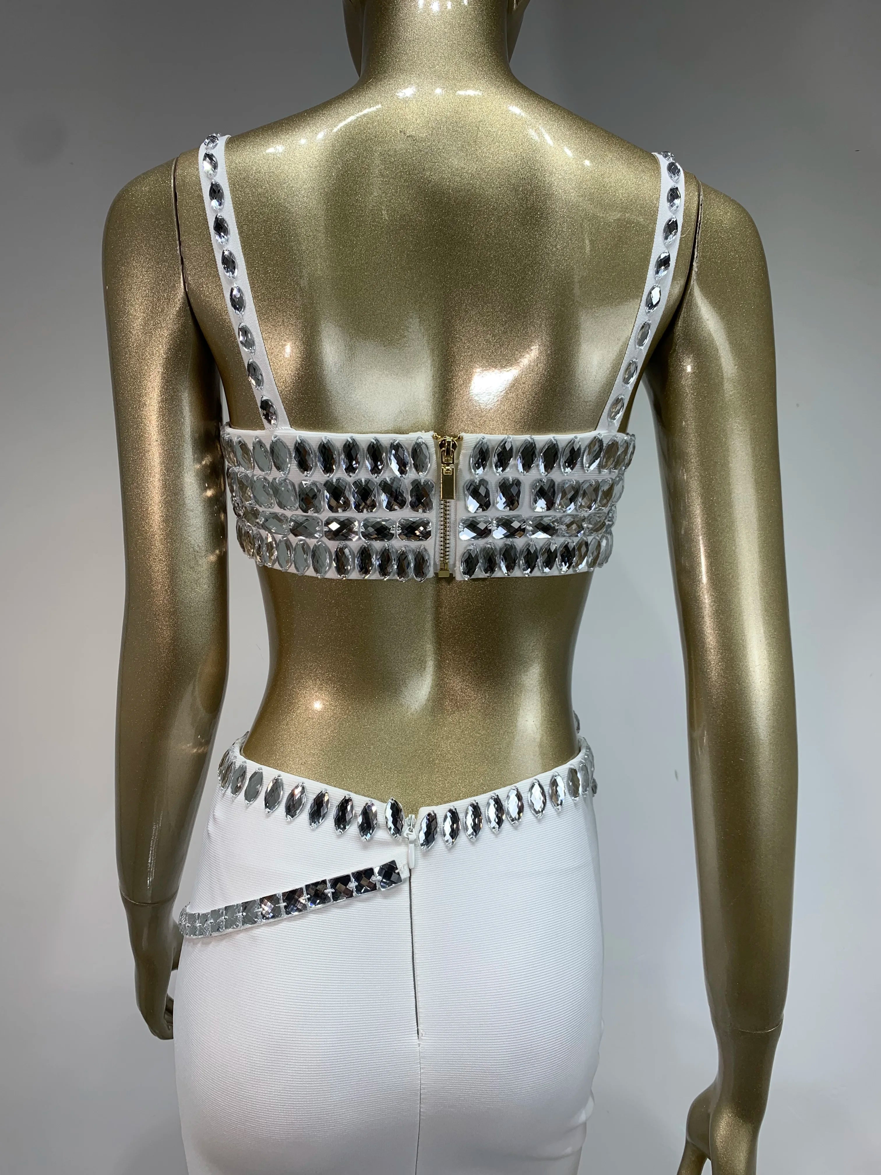 Women Summer Celebrity Sexy Beading Split Maxi Long White Bandage Skirt Set 2024 Knitted Elegant Evening Club Party Clothing