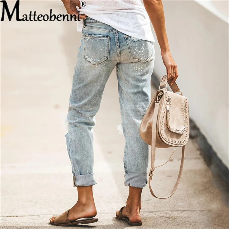 Women Stretch Ripped Distressed Skinny High Waist Denim Pants Shredded Jeans Trousers Slim Jeggings Ladies Autumn Straight Jeans