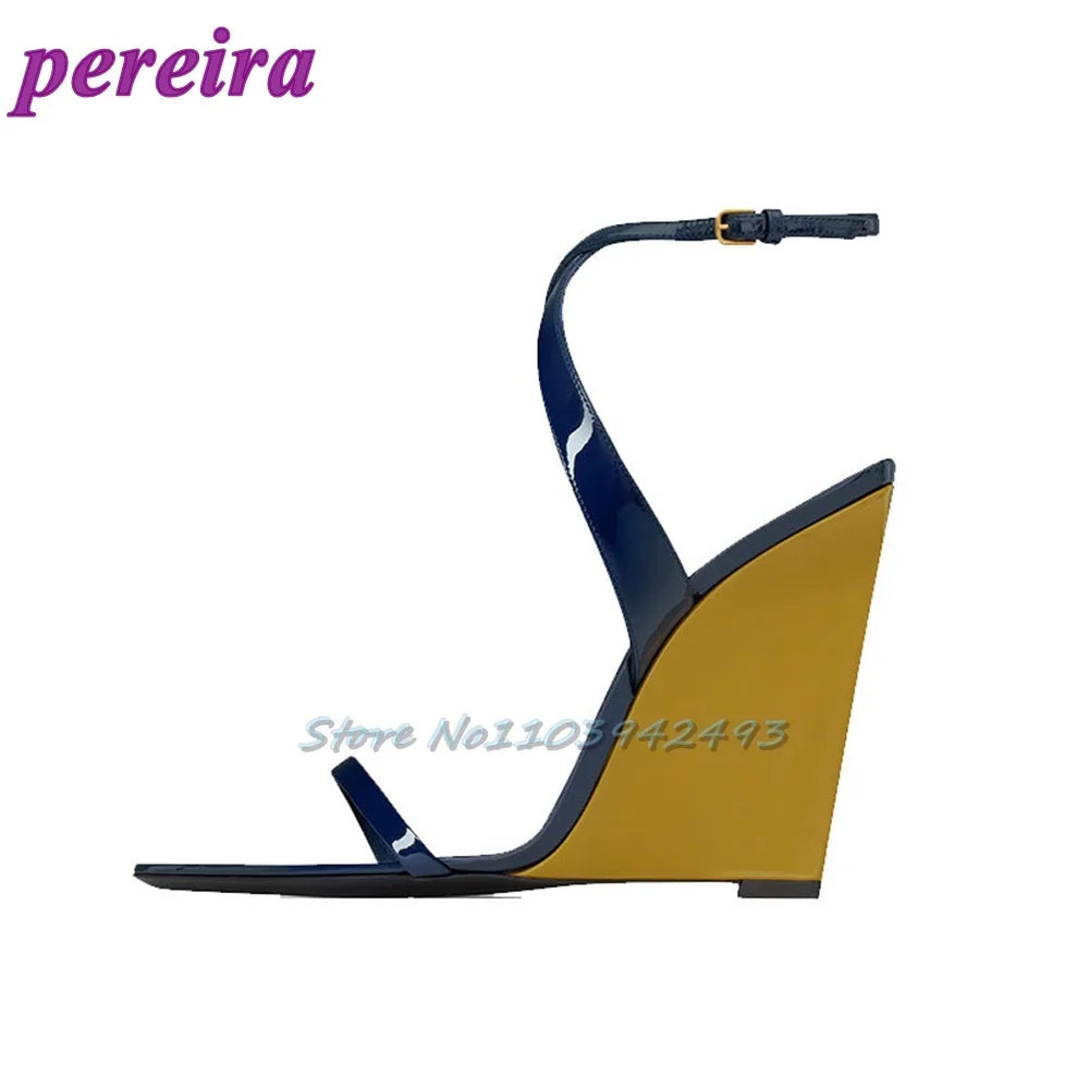 Blue Patent Leather Heeled Sandals Open Toe Shallow Zapatos De Mujer One Strap Luxury High Heels Designer Wedges Shoes 2025