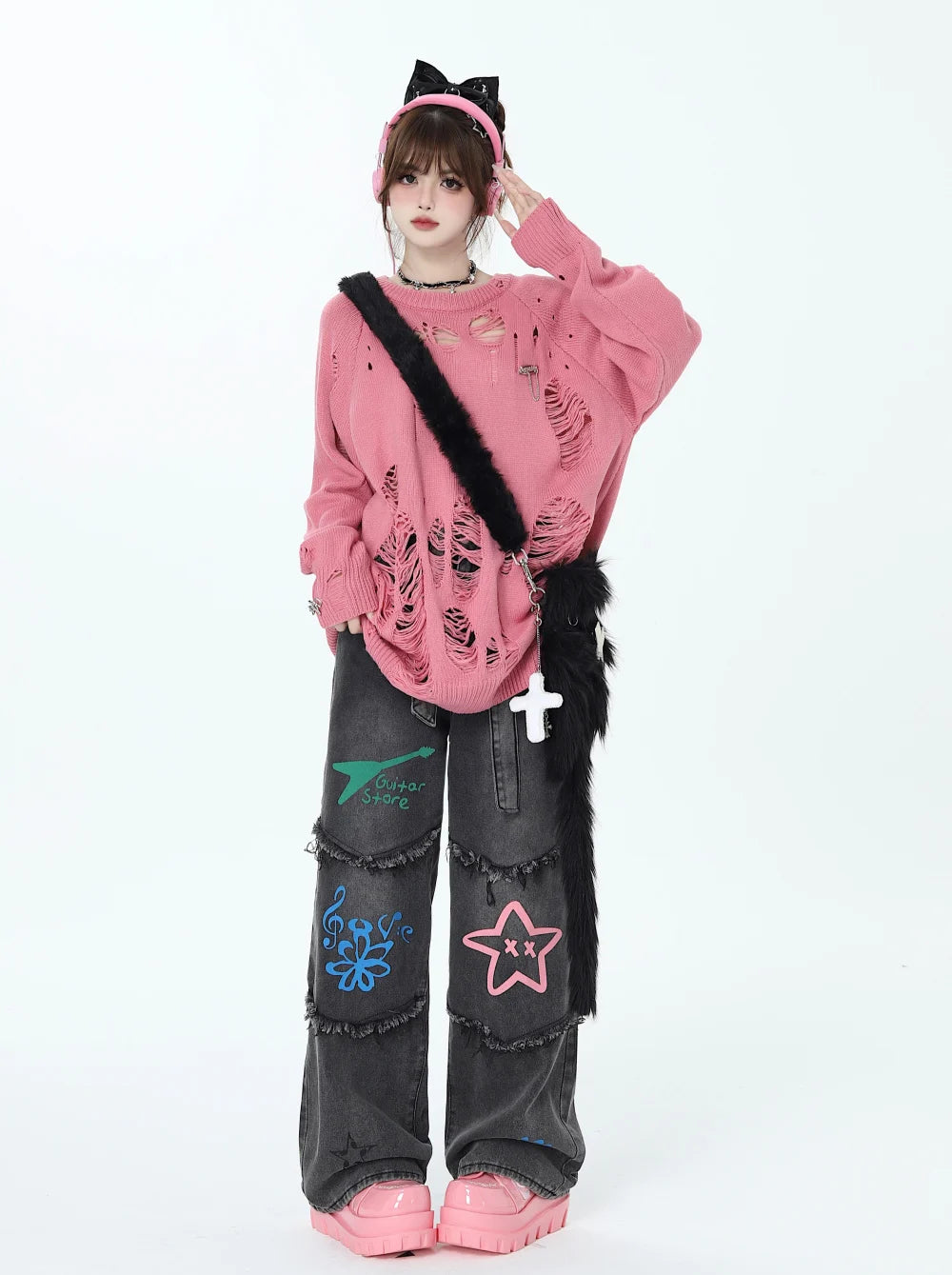 American Retro Graffiti Women's Jeans Autumn Winter Casual Star Jeans for Women Patchwork Women High Waist Y2K Pants with Belt