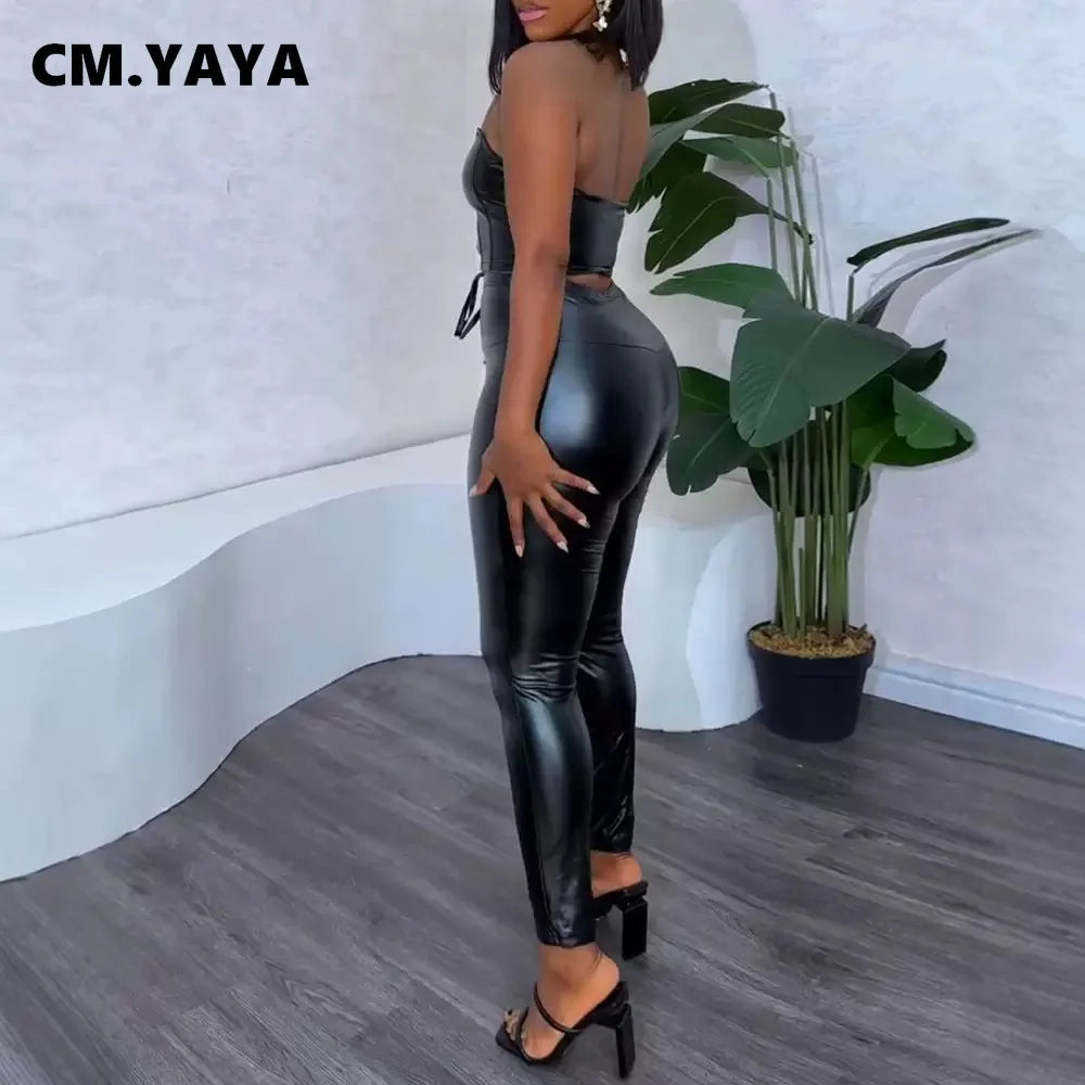 CM.YAYA Women Set PU Leather Strapless Top + Pencil Pants Suits Winter Fitness Streetwear Two 2 Piece Sets Outfits Tracksuit
