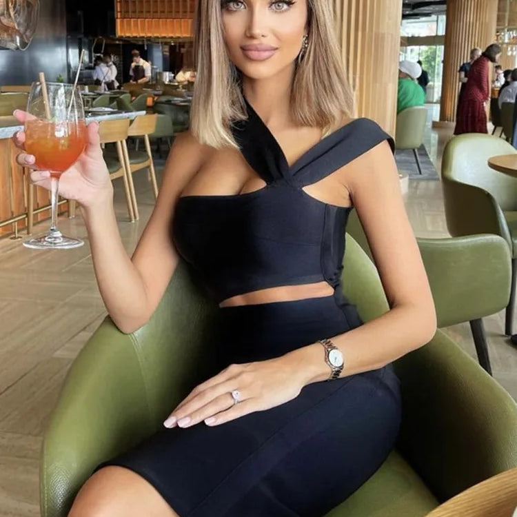 Women Summer Sexy Hollow Out Brown Midi Knee Length Bodycon Bandage Dress 2023 Designer Elegant Evening Party Dress Vestido
