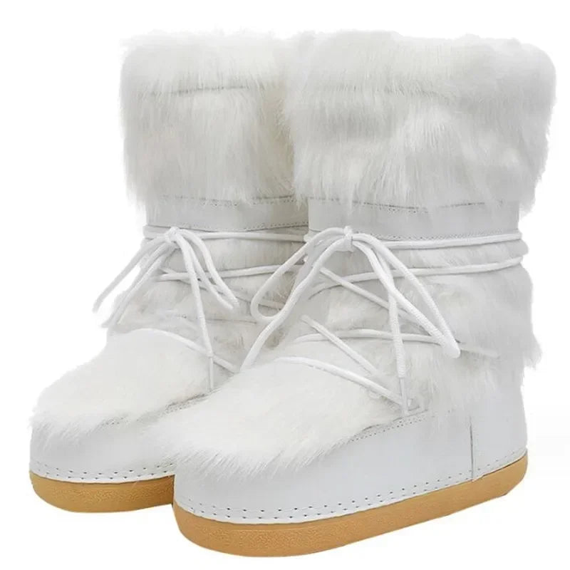 Winter Snow Boots Fashion space boots Thick Faux Fur fluffy Lace-Up Warm Waterproof Rubber Plush style lunar shoes Girls Booties white 01