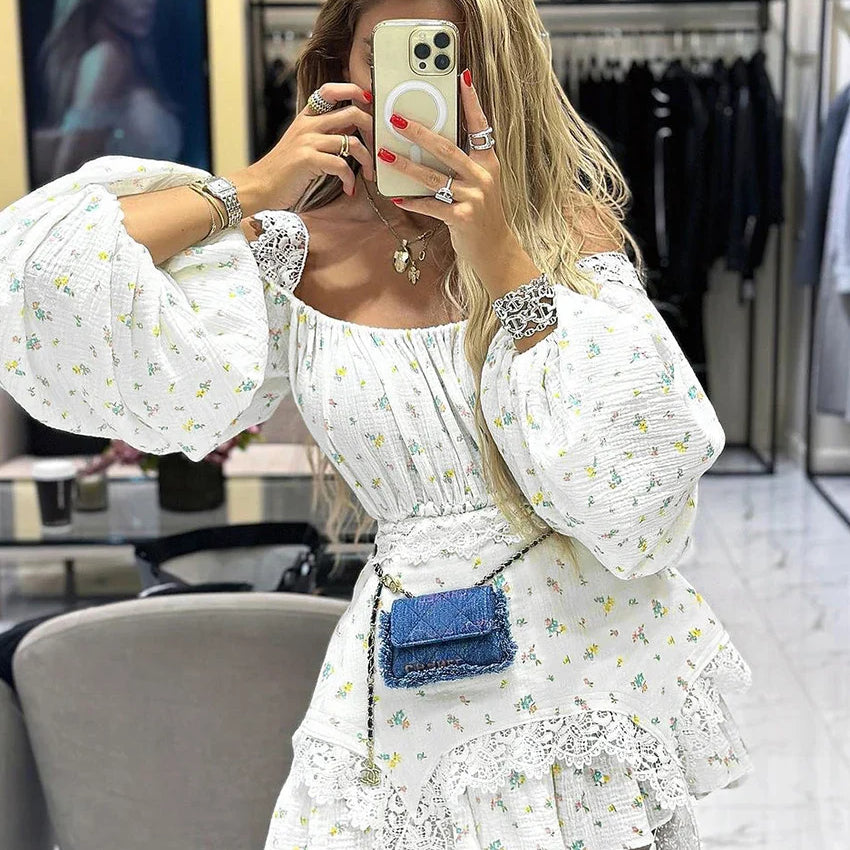 Clacive Sexy Loose Print Women'S Dress Fashion Square Neck Puff Sleeve Mini Dress Elegant Lace Spliced Pleated Female Dress