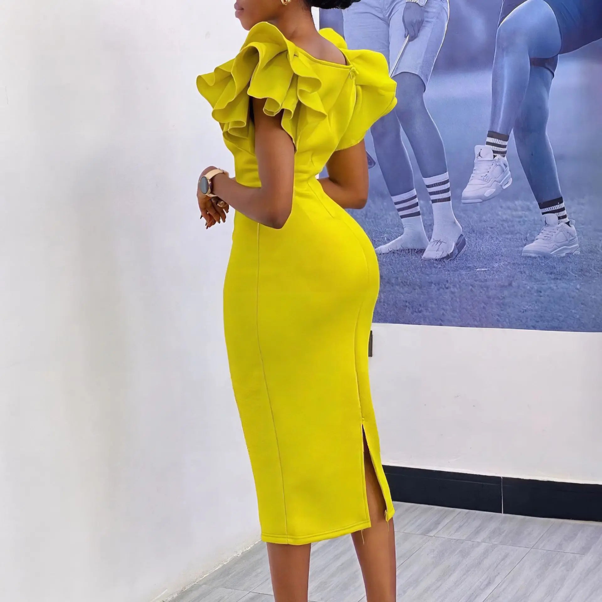 CM.YAYA Women Ruffles Short Sleeve Square Collar Knee Length Dress Street Vestidos Sexy Night Club Party Evening Chic Dresses