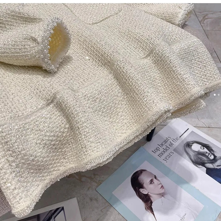 Elegant luxury Small Fragrance Knitted Dress Women Sequin Pearl Buttons Trendy Waist Up Slim Mini Dresses Spring Autumn New