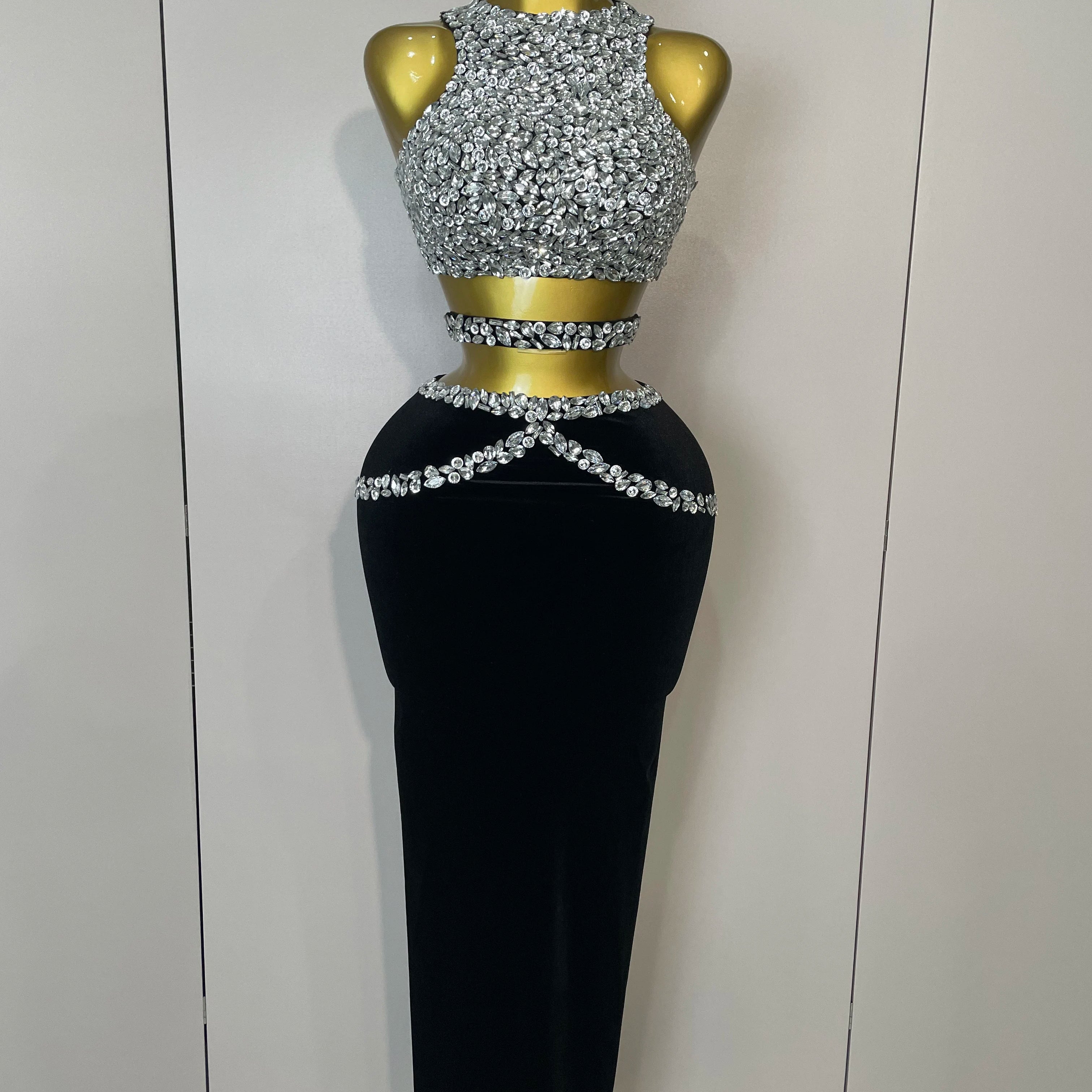 STOCK 2025 Women Sparkly Rhinestone Two-piece Set Sexy Velvet Singer Nightclub Outfit Celebrate Birthday Elegant Party Dresses