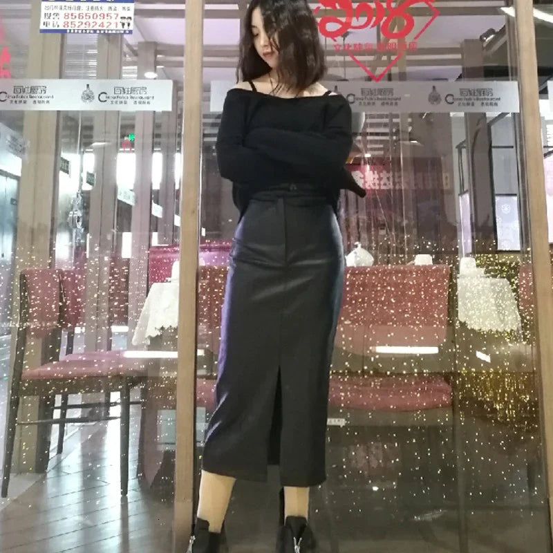 DEAT Fast Delivery New Fashion Korean Female PU Leather High Quality Mid-calf Length Spit Sexy High Waist Skirt AY095 black