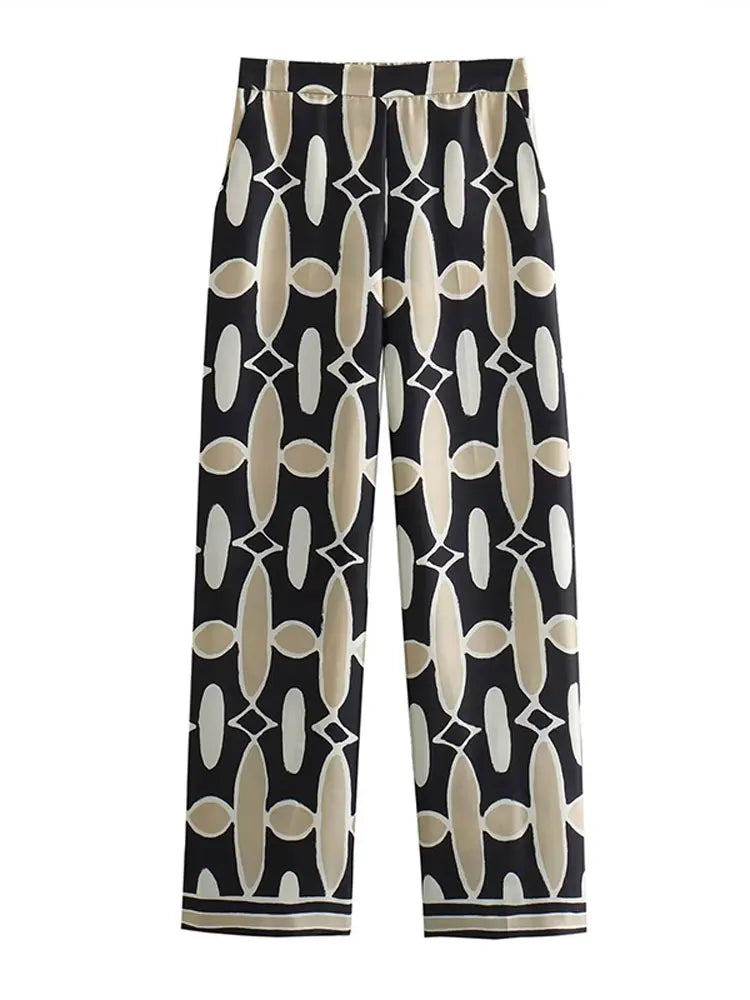 Fashion Print Sequin Shirt 2 Piece Sets For Women Loose Lapel Long Sleeves Top Wide Leg Pants Suits Lady Elegant Outfits Pants 2