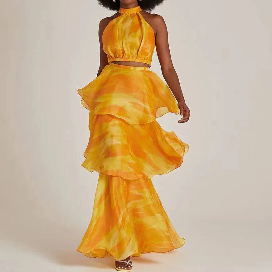 CM.YAYA Women Dress Sleeveless Printed Vest Long Ruffles 2024 Summer Beach Sexy Night Party Dresses Outfits