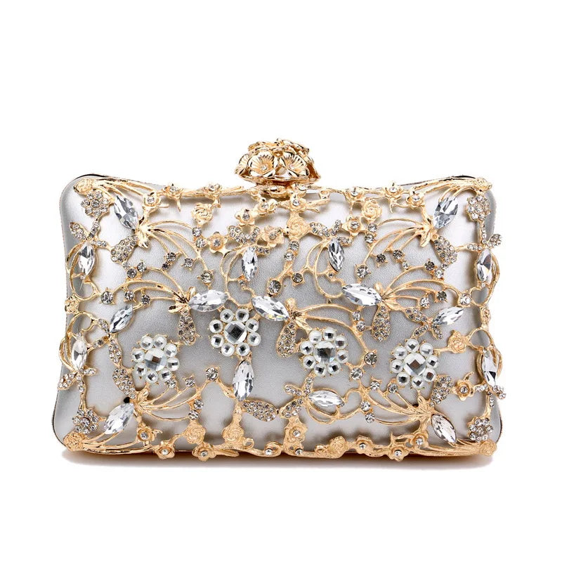 Rhinestones Women Bags Hollow Out Style Fashion Evening Bags Chain Shoulder Handbags Party Wedding Day Clutch Purse YM3107silver