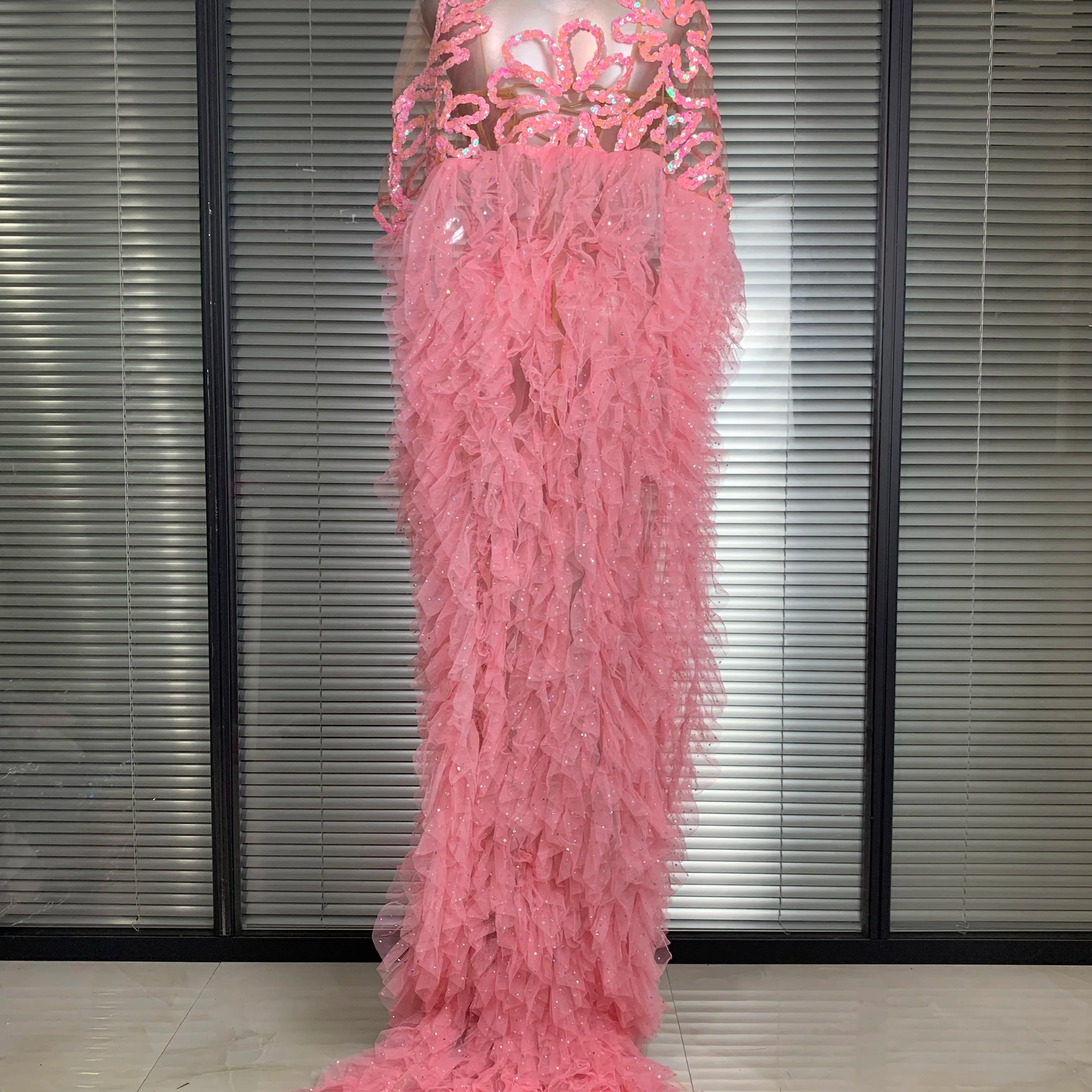 New Women Sexy Mesh Sheer Sequins Pink Maxi Dress See Through Sparkly Shining Party Costume Stage Performance Dress