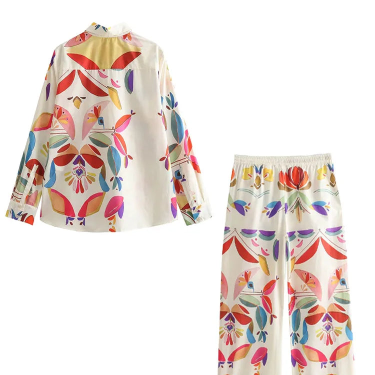 TRAFZA Women New Fashion Suit Print Turn-Down Collar Long Sleeves Buttons Single Breasted Shirts+Elastic Wais Wide Leg Pants