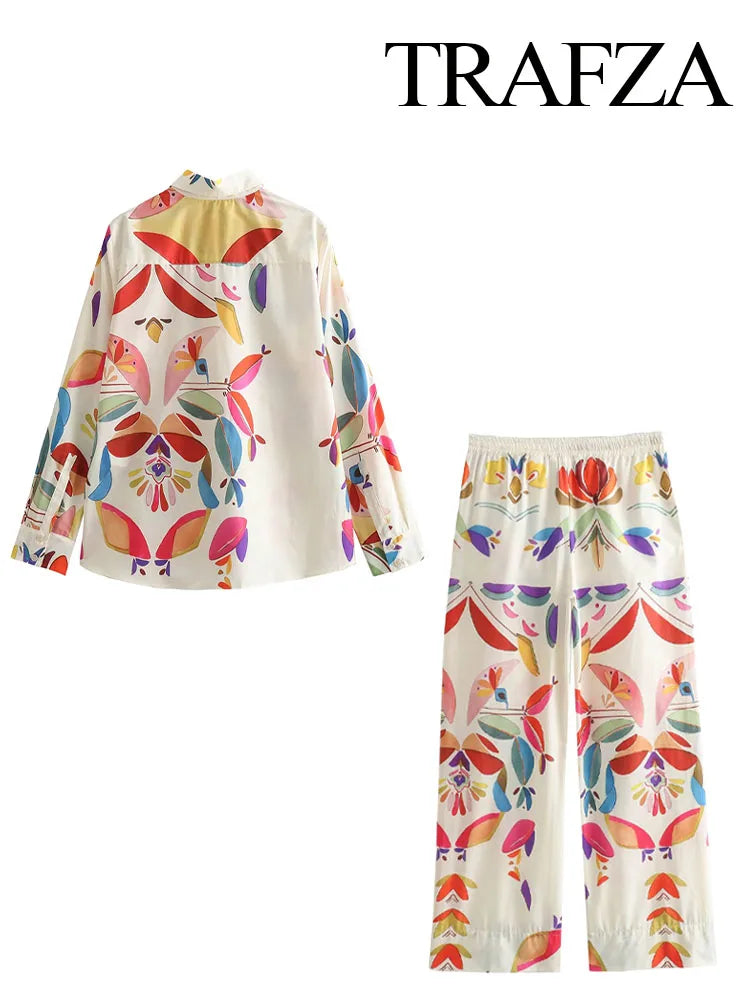 TRAFZA Women New Fashion Suit Print Turn-Down Collar Long Sleeves Buttons Single Breasted Shirts+Elastic Wais Wide Leg Pants