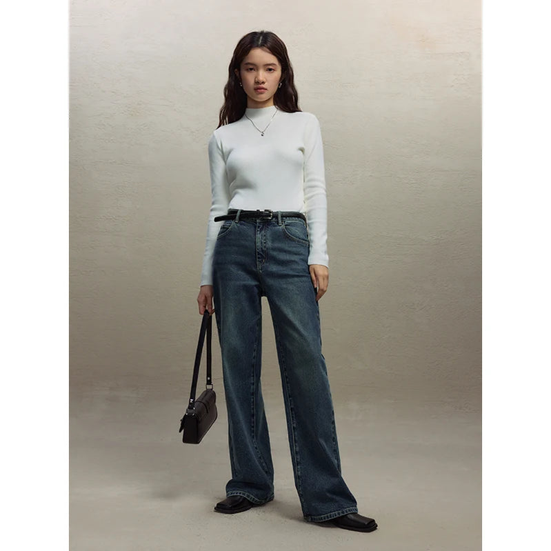 Retro High Waist Straight Jeans for Women Casual Style Wide-leg Pants Winter Floor Mopping Jeans for Female Retro Denim Blue