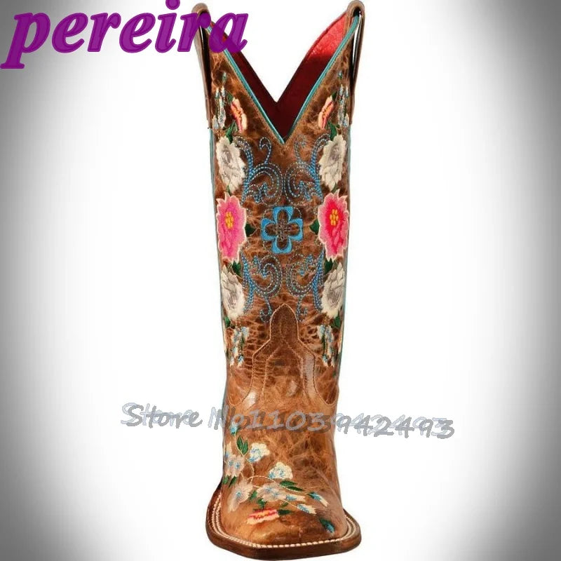 Embroidered Flower Boots Rose Garden Botas Mid-Calf Brown Square Heel Booties Cowboy Autumn Winter Zapatos Slip On Outer Shoes