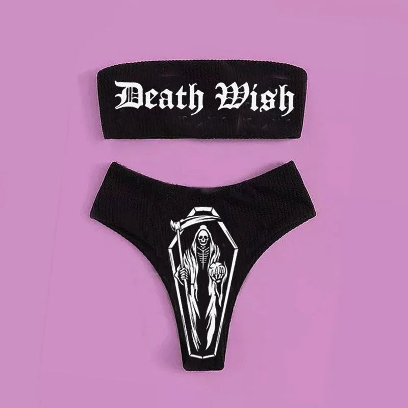 Sexy Goth Bikini 2023 Women Letters Skull Print Swimsuit Split Bathing Suit High Waist Gothic Bikinis Sets Beach Outfits 6