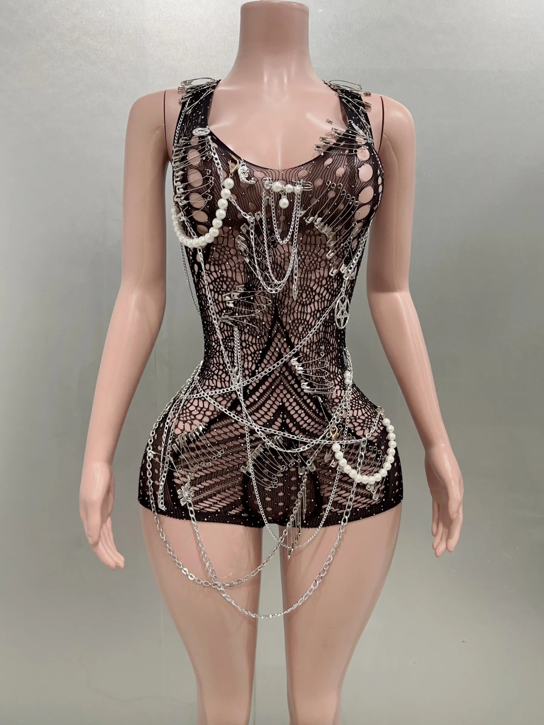 Celebridade Moda Boate Festa Aniversário Roupas Mulheres Sexy Malha Transparente Bodycon Beading Playsuit Performance Costume