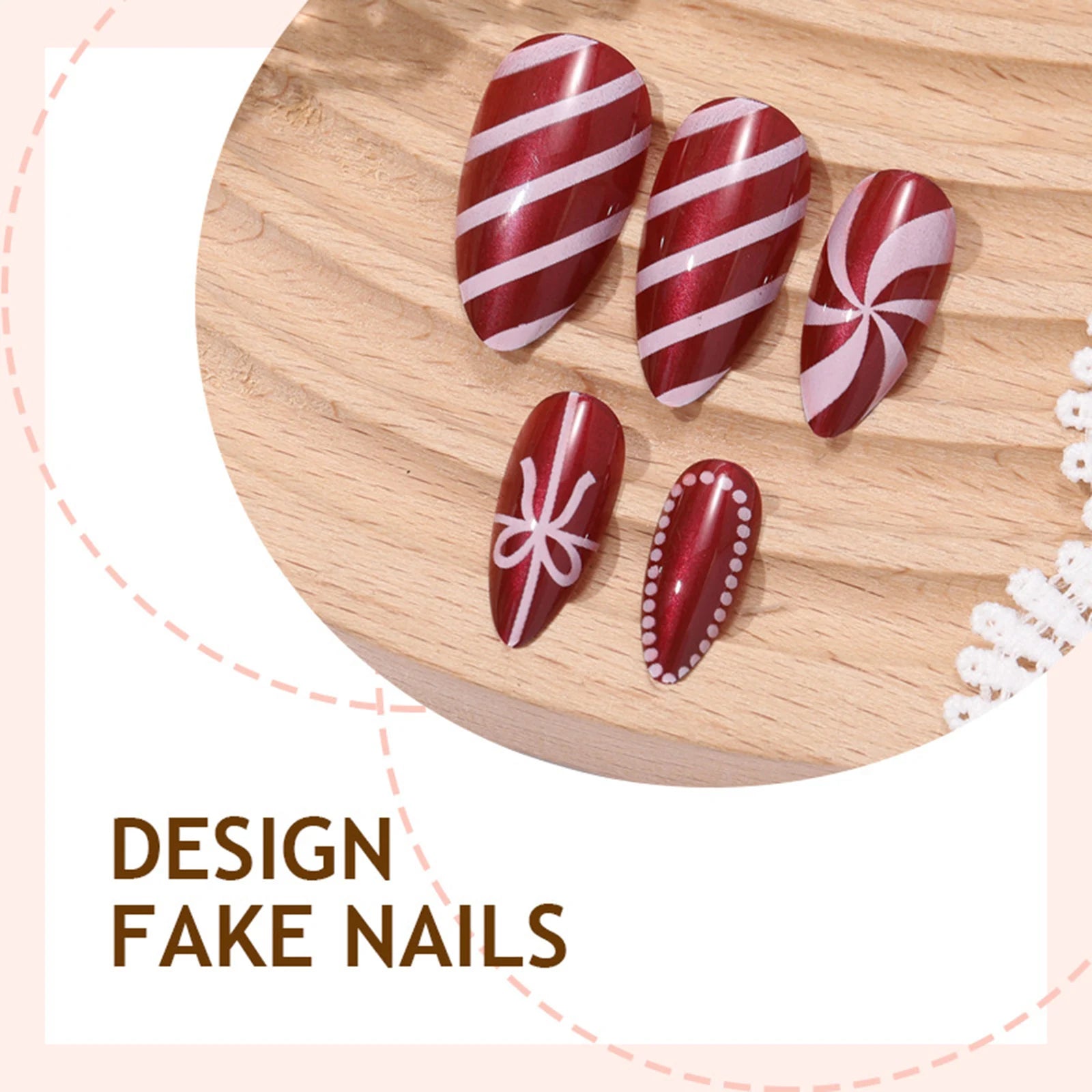 Women Christmas Party Wine Red Fake Nails 24Pcs Almond Press On Nails Xmas Hat French False Nail Bowknot/Dot Printed Nails Art