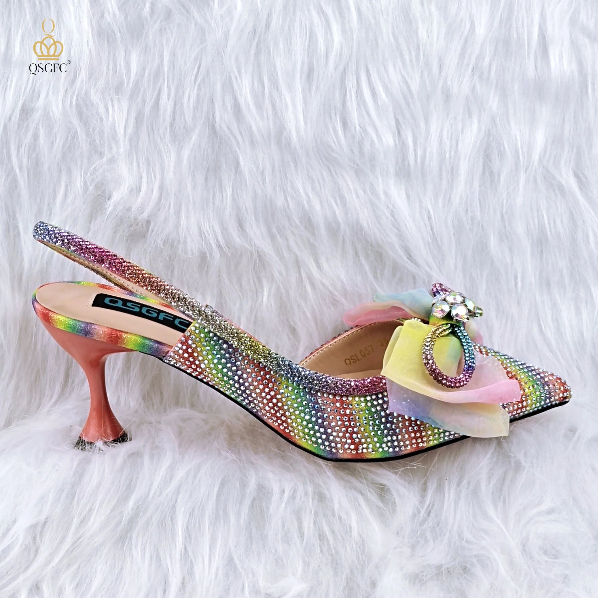 Pointed Rhinestone Shallow Mouth Temperament High Heels Rainbow Color Women's Shoes And Bags ONLY SHOES RAINBOW