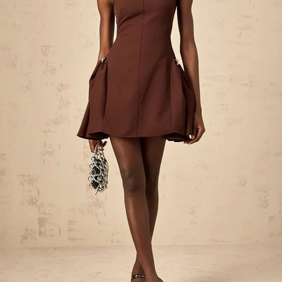 TWOTWINSTYLE Solid Slimming Elegant Mini Dresses for Women Round Neck Sleeveless Patchwork Folds Tunic Dress Female Clothing New