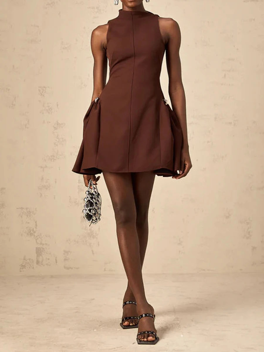 TWOTWINSTYLE Solid Slimming Elegant Mini Dresses for Women Round Neck Sleeveless Patchwork Folds Tunic Dress Female Clothing New