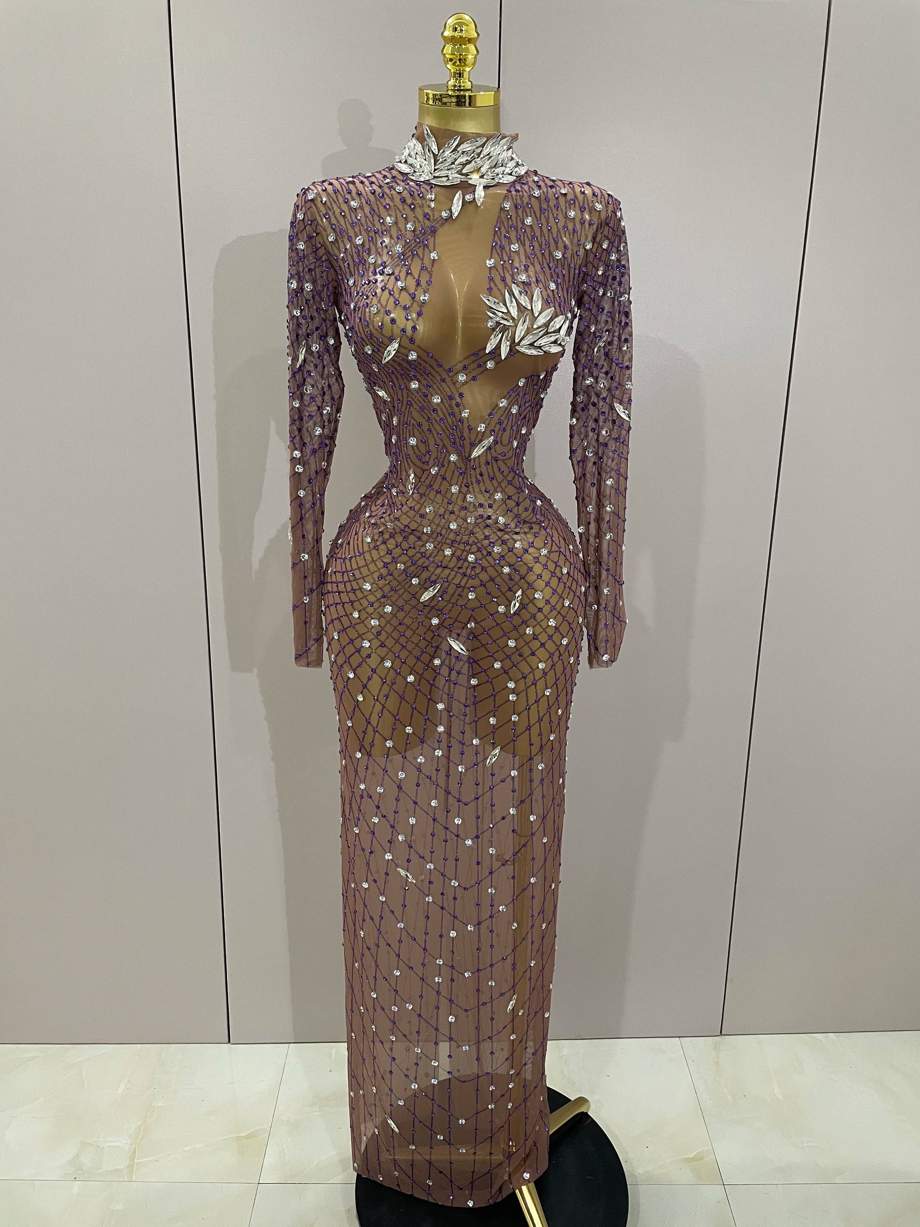 Shining Rhinestones Sexy Mesh See Through Long Dress Women Birthday Celebrate Evening Singer Show Stage Wear Photo Shoot Dress