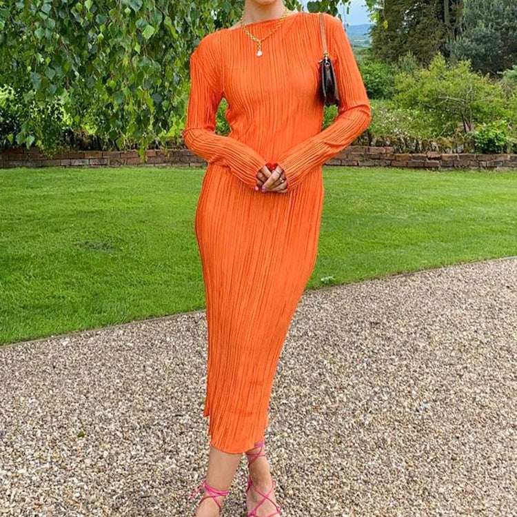 Autumn Striped Ruched Ruffle Sexy Y2K Clothes Long Sleeve Bodycon Midi Dresses For Women Club Party Elegant Outfit