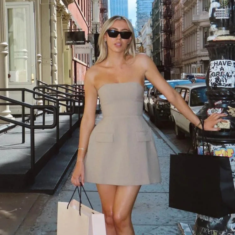Sexy Solid Strapless Mini Dress For Women Elegant Slim Backless Pockets A-line Dresses Female Chic High Street Vestido Robe