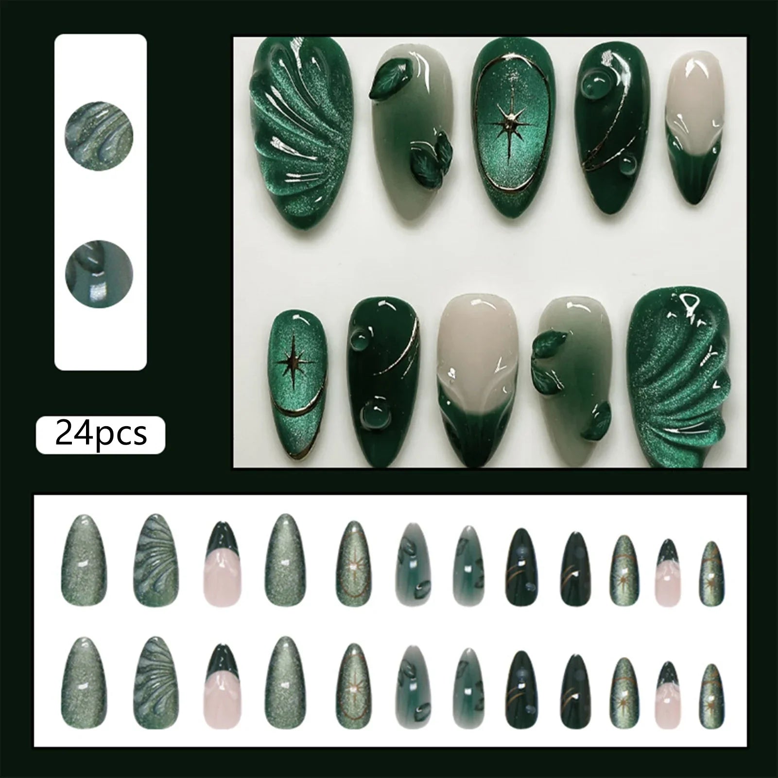 Glossy Green Fake Nails 24Pcs French Almond Press On Nails Fairy Star Printed Full Cover False Nails DIY Charm Manicure