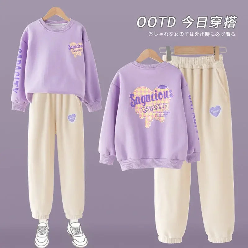 Spring Autumn Children Clothes Sets Korean Girls Letter Sweater + Pants 2Pcs Outfits Casual Sports Long Sleeved Trousers Suits purple