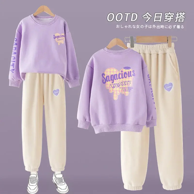 Spring Autumn Children Clothes Sets Korean Girls Letter Sweater + Pants 2Pcs Outfits Casual Sports Long Sleeved Trousers Suits purple