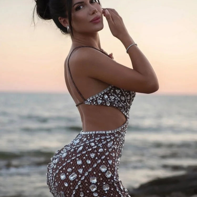 Robe courte sexy en maille à paillettes et cristaux pour femme, tenue de soirée, de bar, de discothèque, de spectacle sur scène