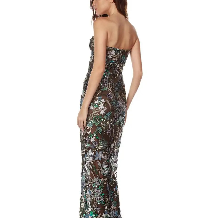 Sequin Flowers Embroidery Sexy Mesh See Through Strapless Ankle Length Dress Woman Party Evening Dress Celebrity Party Outfit