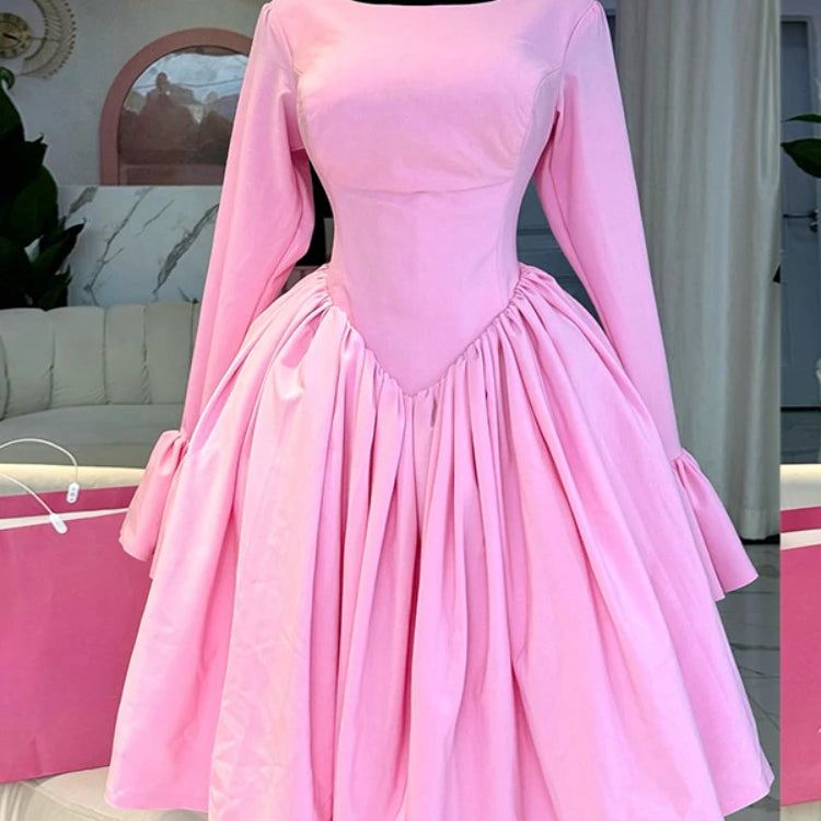 CM.YAYA 2025 Women O-neck Long Flare Sleeve Pleated Mini Midi Dress Backless Elegant Birthday Beach Night Party Vestidos Dresses