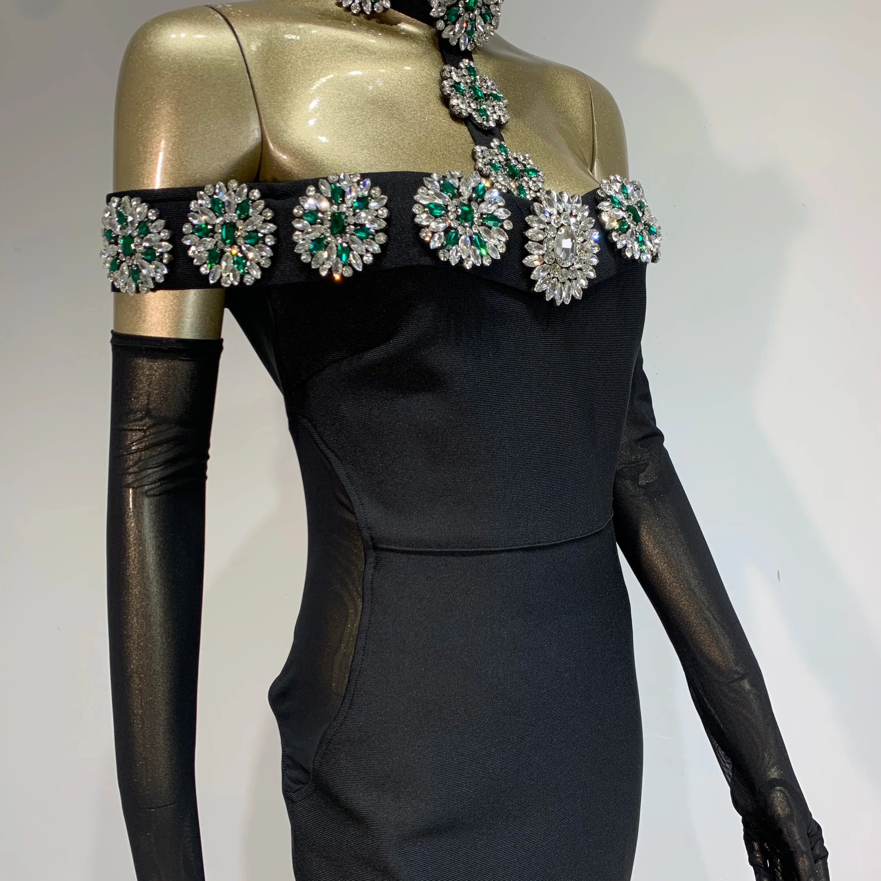 Summer Bandage Dress 2025 Women Celebrity Sexy Diamonds Crystal Black Maxi Long Bodycon Elegant Evening Club Party Dress