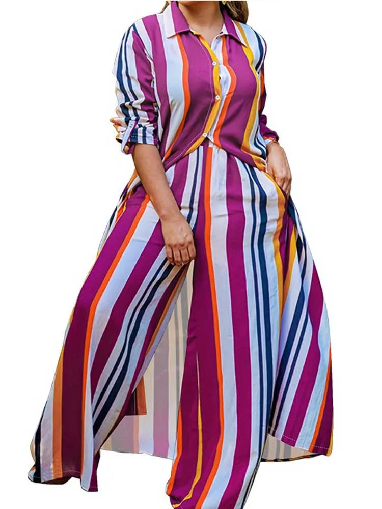 2 Piece Outfit Set Women Plus Size Matching Sets Long Shirt Top and Pants Sets Striped Casual Outfits 5xl Women Autumn Clothes