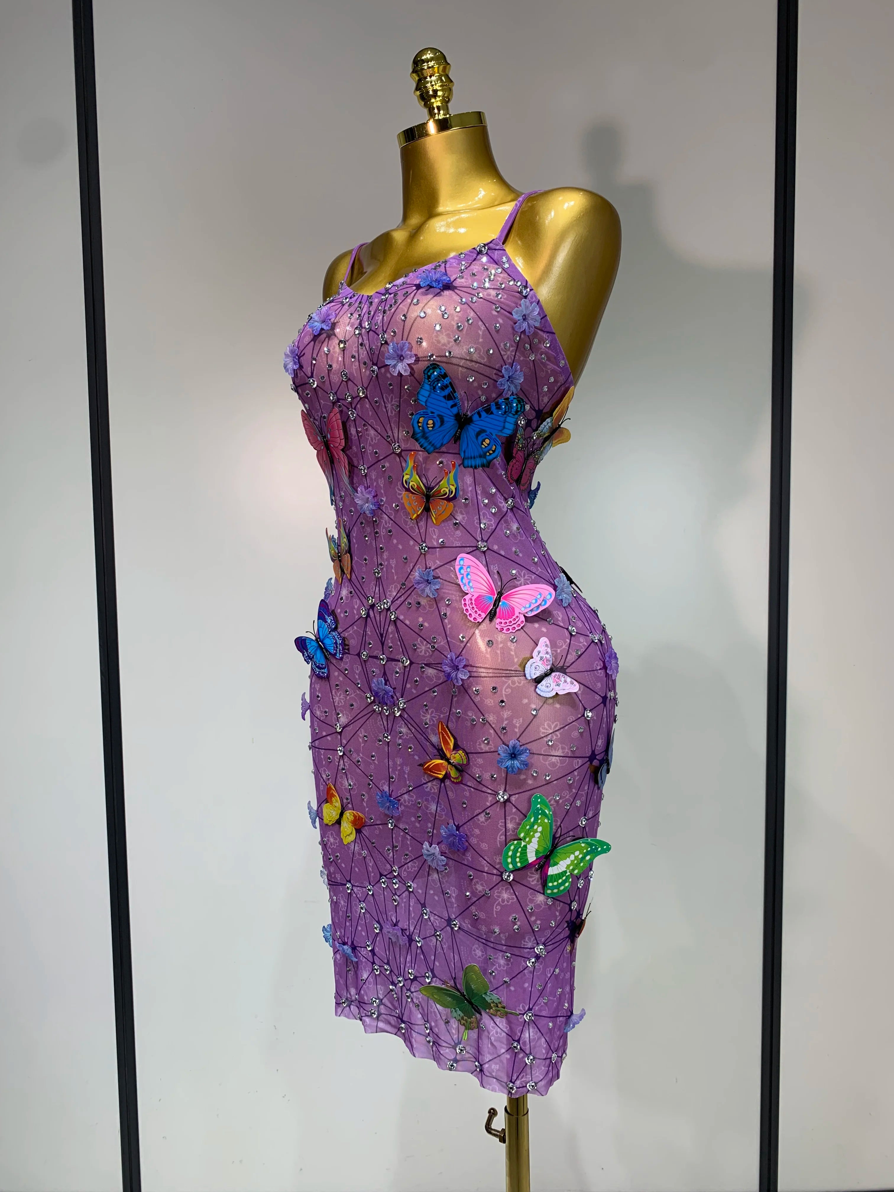 Sparkly Women Sexy Mesh See Through Dress 2025 New Arrival Butterfly Purple Celebrity Luxury Birthday Nightclub Stage Outfit