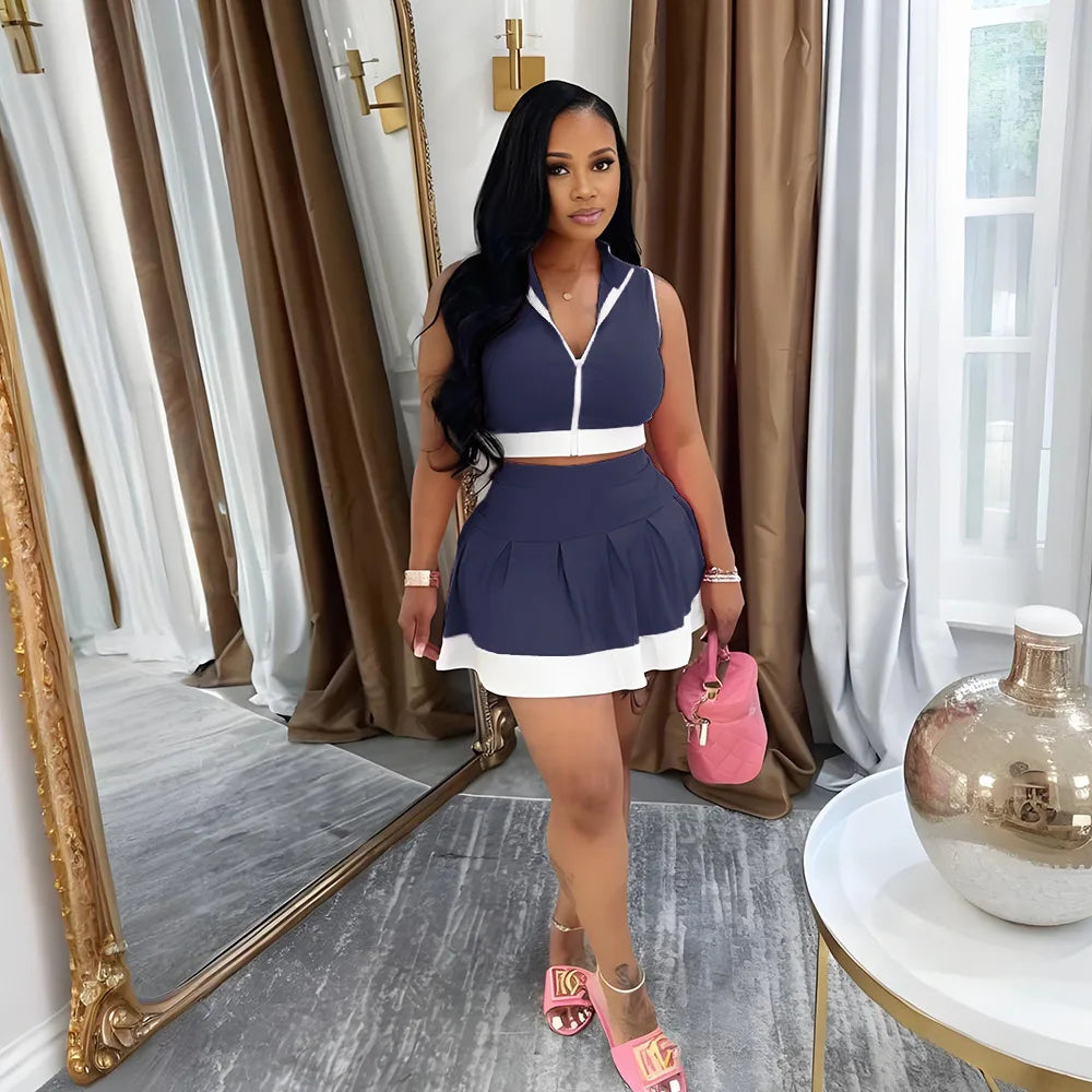 CM.YAYA Women's Set Sleeveless V-neck Vest + Pleated Skirts 2025 Summer Cute Street Beach Two 2 Piece Sets Outfits Tracksuit ROYAL BLUE