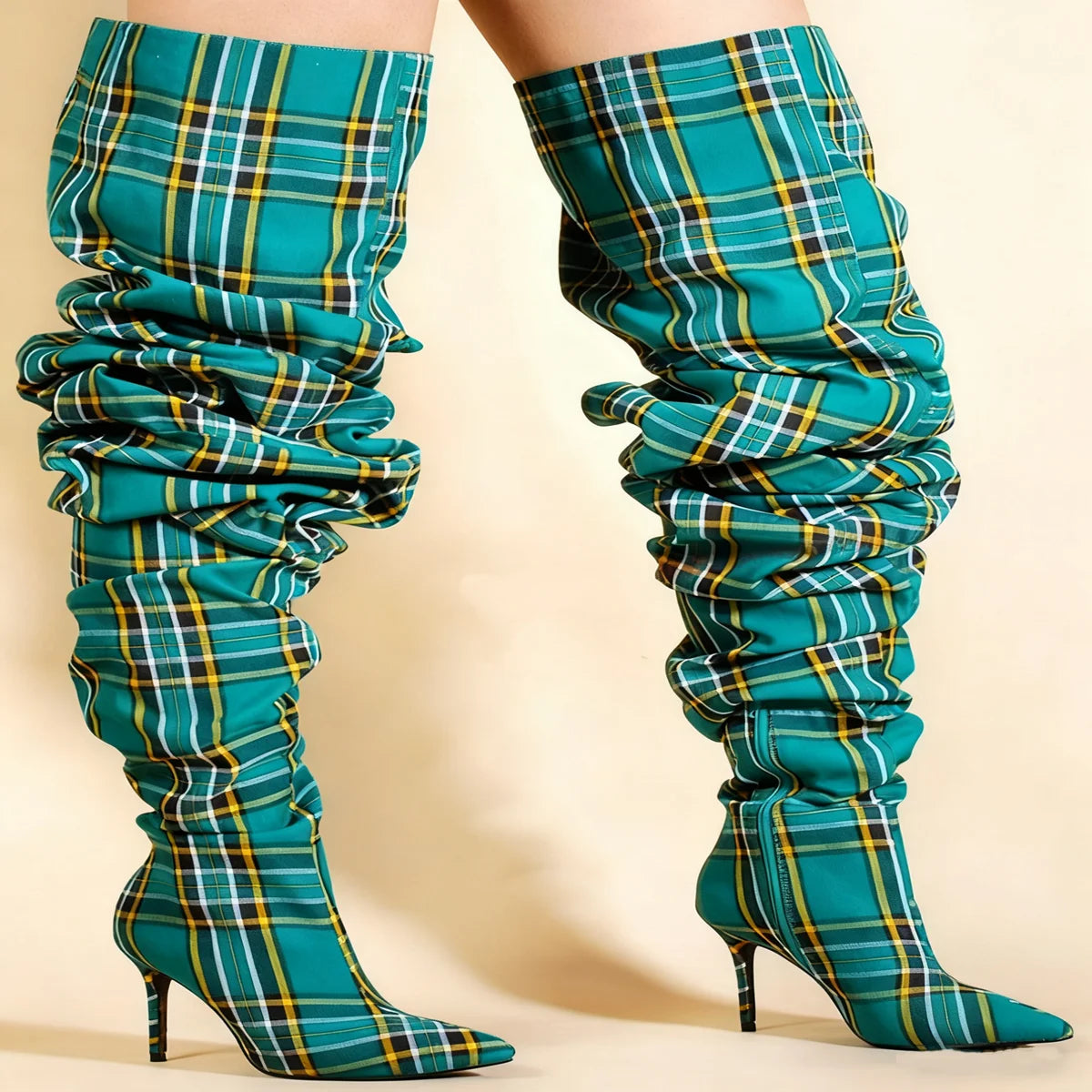 Loose Pleated Pointy Toe Boots Plaid Wide Fit Women Luxury Designer Shoes Ladies Over The Knee Botas Stiletto Mixed Color Bootie