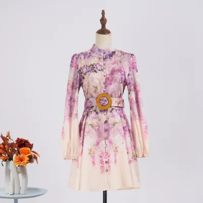 Shot Spot Niche Style Sleeve Single-Breasted Positioning Printing Women's Belt Pocket Short Skirt Large Swing Skirt