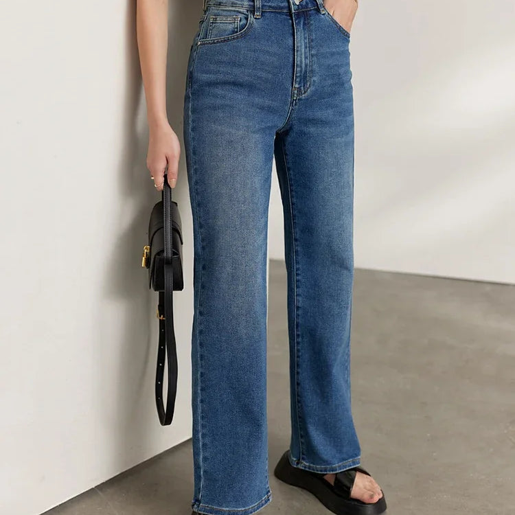 Minimalism Autumn Jeans For Women Straight Trousers Cotton Denim High Waist Wide Leg Casual Loose Pants
