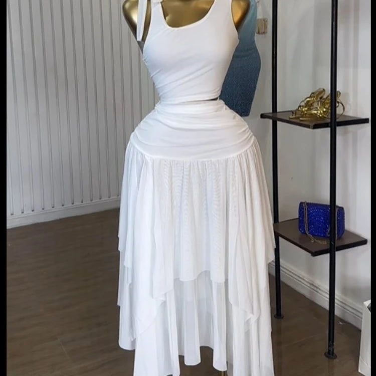 CM.YAYA Women Tie Up Shoulder Sleeveless Knit Tank Top and Irregular Maxi Long Skirt Suit 2025 Summer Two 2 Piece Set Outfits