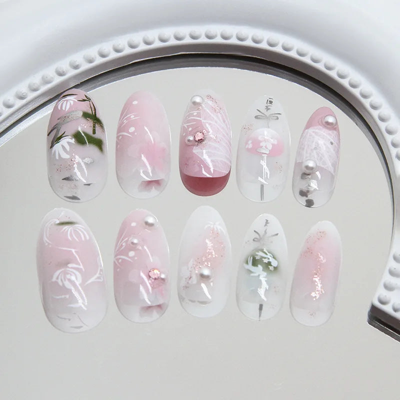 24 peças de pontas de unhas postiças de amêndoa doce, pintadas à mão, com padrão de flores e pérolas, blush rosa, unhas postiças estilo suave