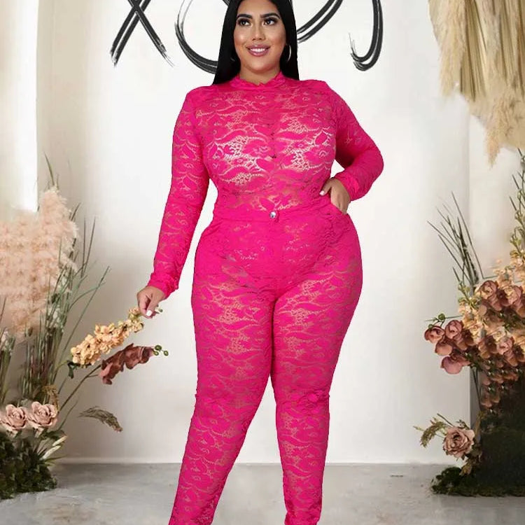 Chic and Elegant Woman Set Night Club Wear Plus Size Women Hot Outfit Transparent Lace Bodysuit and Pants Sexy Festival Outfit