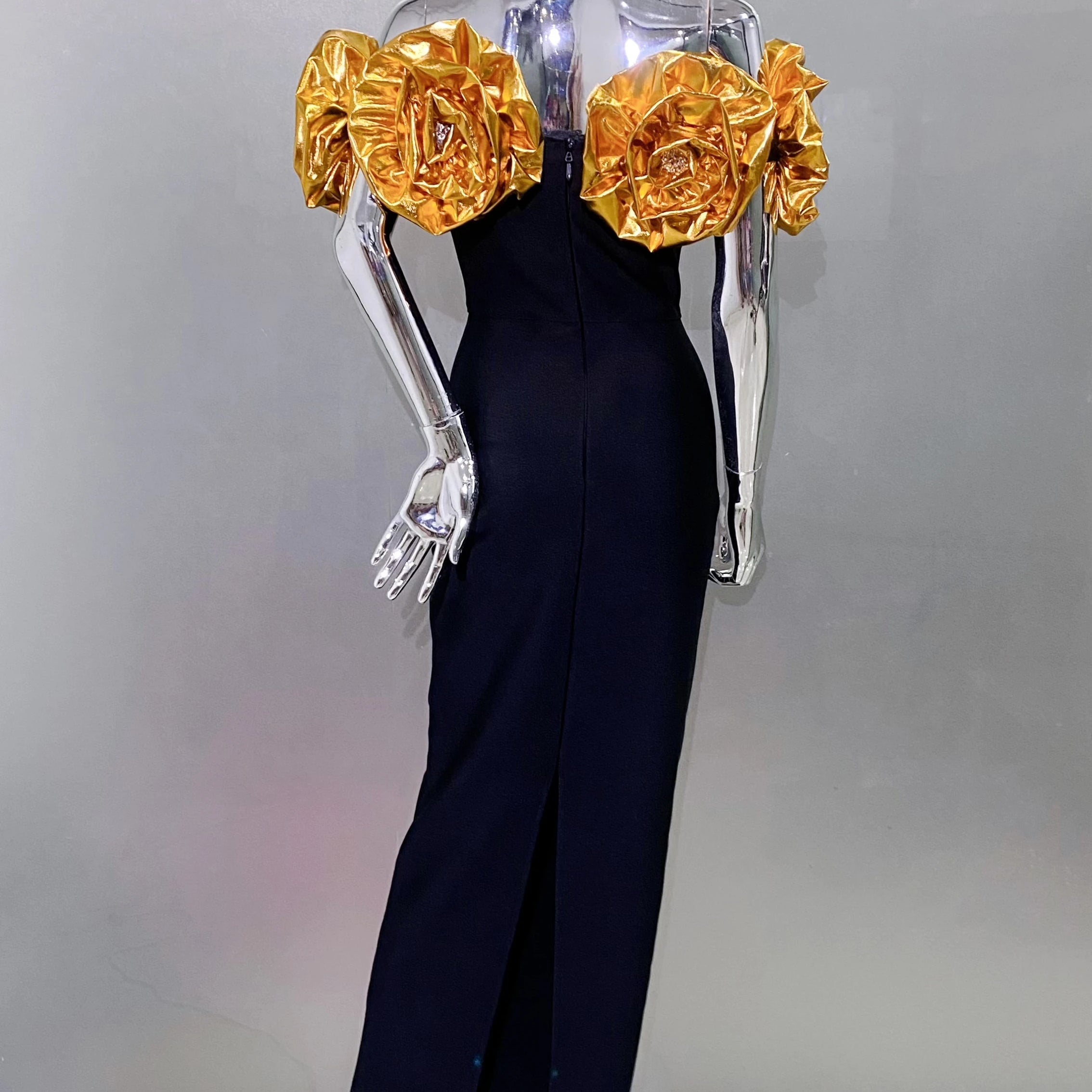 Stereoscopic Gloden Flowers Sexy Off The Shoulder Ankle Lenght Bandage Dress Woman Birthday Party Vestido Wedding Party Outfit