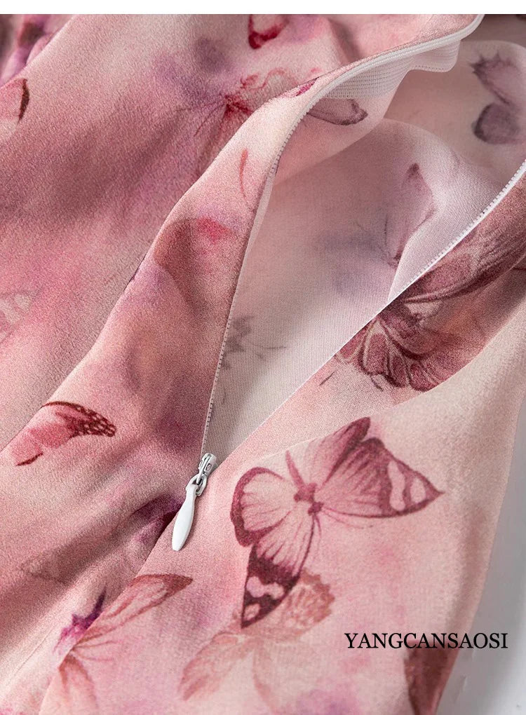 French Artistic Pink Purple Butterfly Printing 1.2-meter Extended Large Skirt Hem 100% Natural Mulberry Silk Women's Dress