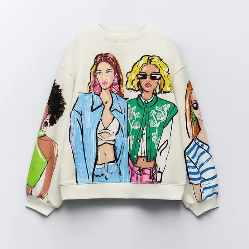Cartoon Contrast Printed Sweatshirts Women Loose O-neck Long Sleeve Pullovers Female Autumn Fashion Casual Ladies Top print 2